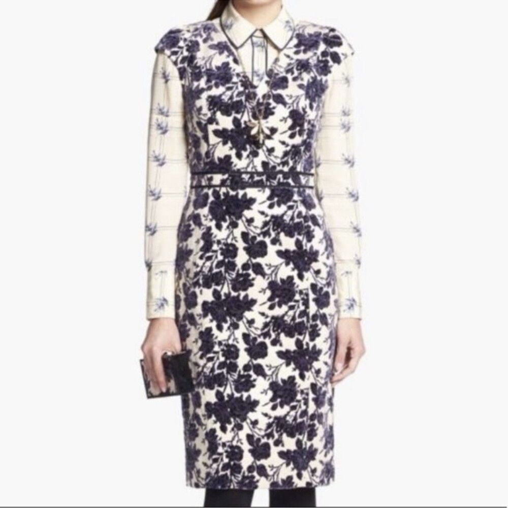 Tory Burch Dayton Velvet Burnout Floral Sheath Dress Blue Cream Sz 6 Whimsigoth